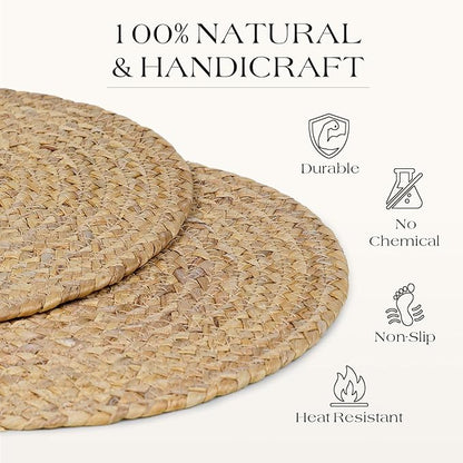13” Woven Round Placemats Set of 4, Natural Water Hyacinth Braided Table Mats with 4 Wood Bead Napkin Rings, Washable Boho Farmhouse Rattan Place Mats for Home, Outdoor, Table Decor, Dinning, Wedding