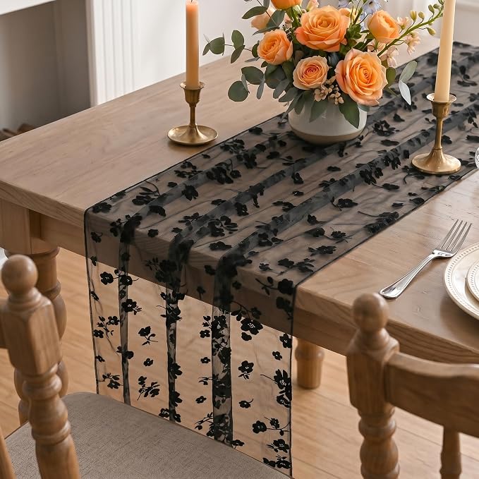 Artoid Mode Black Gauze Flocking Flowers Table Runner 10FT, Halloween Sheer - Image 5