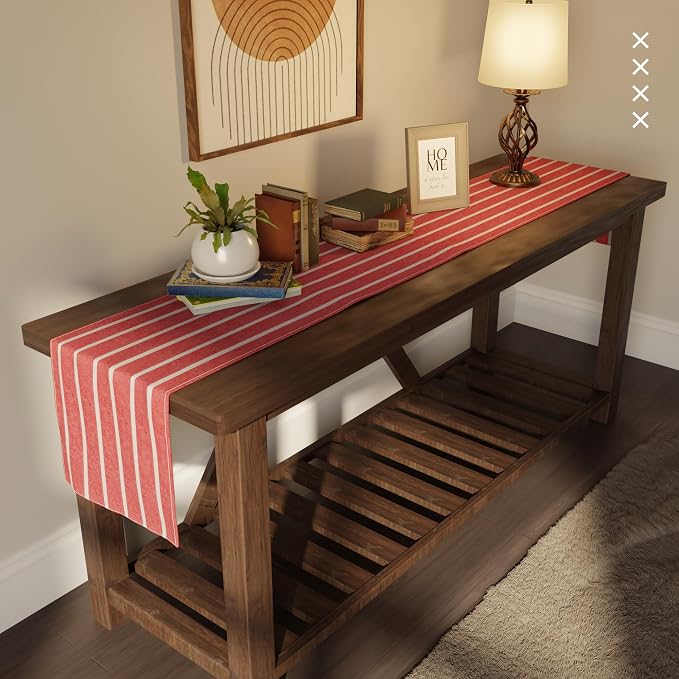 Encasa XO Table Runner, Woven Cotton Dining Runner 13"x72" | Roma Red Stripes - Image 2
