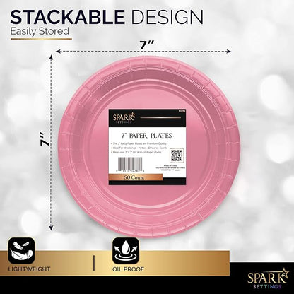 Disposable Paper Plates Pink, 7 Inch Paper Dessert Plates, Strong and Sturdy Disposable Plate for Party, Dinner, Holiday, Picnic, or Travel Party Plate, Pack of 50