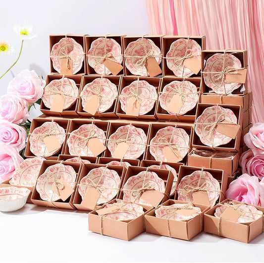 48 Pcs Wedding Favors for Guests Small Ceramic Bowl Bulk Gifts Set 3.3 Inch Floral Design Mini Dipping Sauce Dish with Card Box for Bridal Pooja Baby Shower Birthday Guest Gift (Pink)