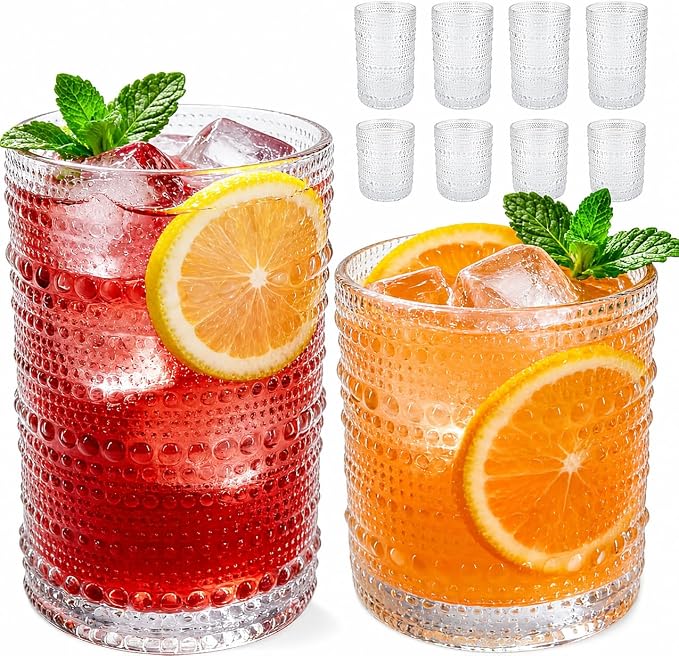 Hobnail Drinking Glasses Set of 8，Includes 12-ounce beer glasses and 10-ounce by Unknown