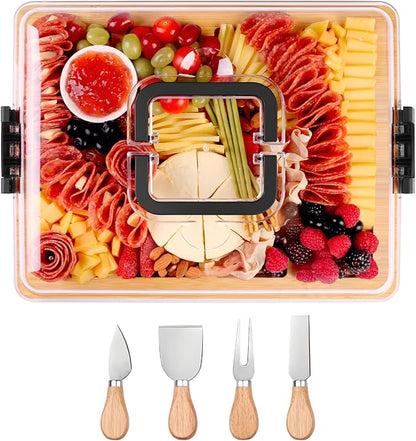 Charcuterie Board with Lid and Handle - Portable Travel Design Bamboo Cheese Board Set with 4 Cheese Tools, Gift for Housewarming, Weddings, Picnics (8 Compartments, Black)