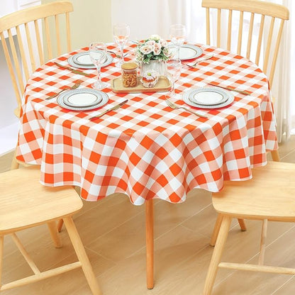 misaya Round Waterproof Vinyl Table Cloth, Buffalo Flannel Backed Tablecloth, Wipeable Plastic Table Cover for Dinner, Kitchen, Picnic (60", Orange and White)
