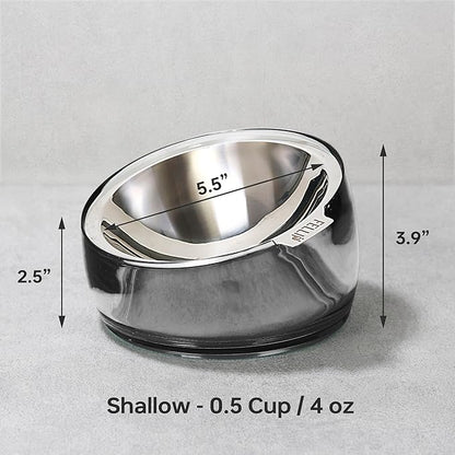 Felli Oblik Elevated Cat Bowl Removable Stainless Steel Wide Dish for Dry Wet Food Feeding & Dishwasher Clean, Slanted Whisker Fatigue Friendly Metal Plate (Smoky, 0.5 Cups Shallow Dish)
