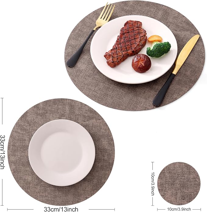 Homaxy Round Faux Leather Placemats and Coasters, Dark Brown | Washable - Image 6