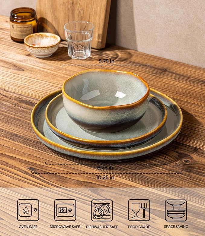 Ceramic Dinnerware Set for 4, 12-Piece Plates and Bowls Set | Handmade Reactive - Image 2