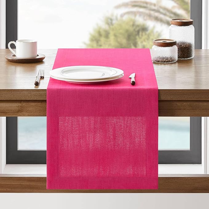 Linen Textured Border Table Runner, 14 x 36 Inch Hot Pink | Mitered Corner by ZEEMARTONLINE