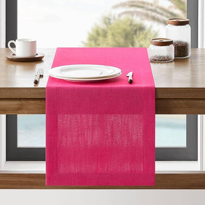 Linen Textured Border Table Runner, 14 x 60 Inch Hot Pink | Mitered Corner by ZEEMARTONLINE