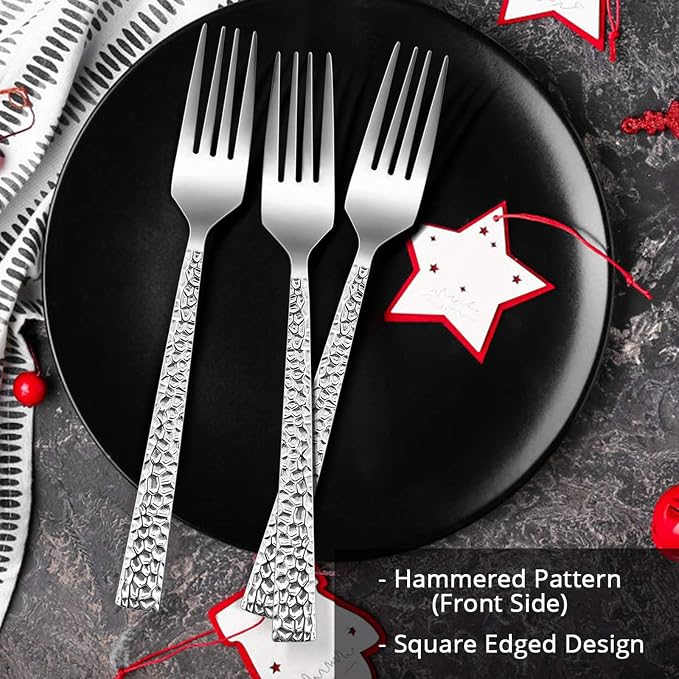 E-far Stainless Steel Dinner Forks Set of 12, Hammered Square Handle | 7.9Inch - Image 4