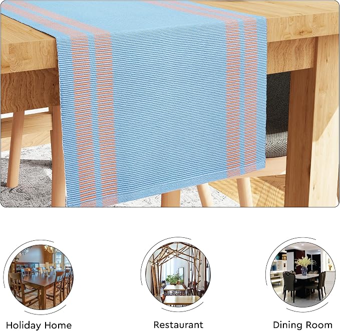 Encasa XO Table Runner, Yarn Dyed Ribbed Cotton 13"x72" | Ladder Blue, 12-Ply - Image 4