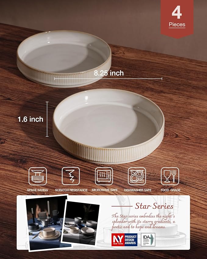 famiware Star 8.25" Pasta Bowls Set of 4, Bowl Plates, Cappuccino White | - Image 2
