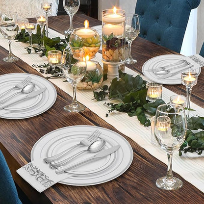 Goodluck 700 Piece Silver Dinnerware Set for 100 Guests, Disposable Plastic Plates for Party, Include: 100 Dinner Plates, 100 Dessert Plates, 100 Paper Napkins, 100 Cups, 100 Silverware set