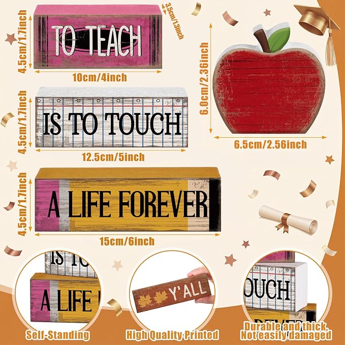 Moucuny 4 Pcs Back to School Table Decorations Retro Red Wooden Apple Decor - Image 2