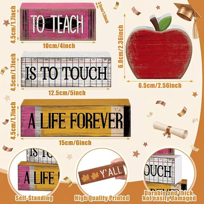 Moucuny 4 Pcs Back to School Table Decorations Retro Red Wooden Apple Decor - Image 2