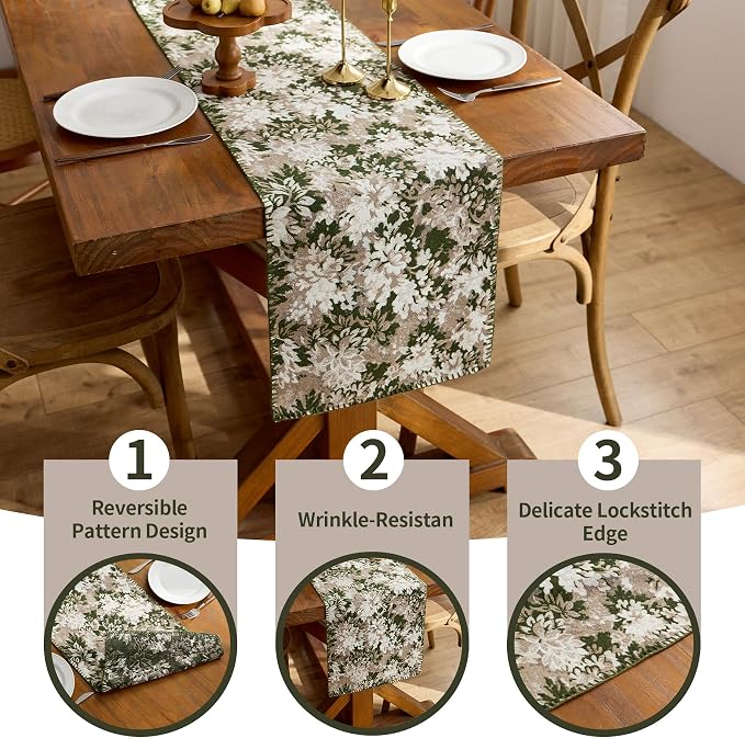 ORTIGIA Vintage Floral Table Runner, Boho Chenille Green and Taupe Farmhouse - Image 7