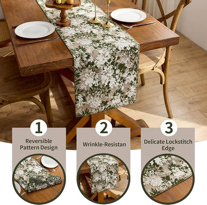 ORTIGIA Vintage Floral Table Runner, Boho Chenille Green and Taupe Farmhouse - Image 7