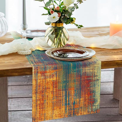 Vintage Blue Orange Dining Table Runner, Retro Abstract Messy Rust | Painting - Image 6