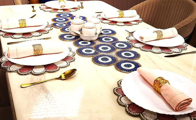 Beaded Table Runner 13x36 Inch Blue Gold Multi Evil Eye Handmade Decorative - Image 6