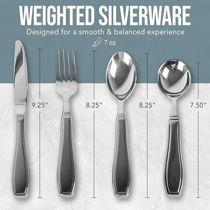 BUNMO Weighted Utensils for Hand Tremors – 4pc Adaptive Utensils for Elderly, Persons w/weak hands – Discreet Travel Wrap, Stainless Steel & Dishwasher Safe – Weighted Silverware Set