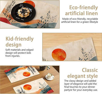 Mid Century Table Placemats Set of 6, Waterproof Linen Fabric, Non-Slip Backing & Easy Clean, Elegant Dining Table Protectors for Family and Guests(Abstract Sun)