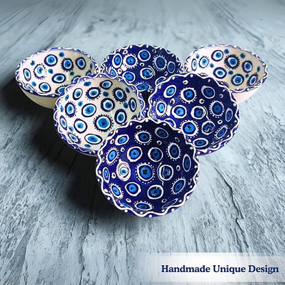 Handmade Decorative Turkish Ceramic Mini Pinch Bowls Set of 6 – Small Dipping & Serving Sauce Bowls, Charcuterie Accessories, Hand-Painted Evil Eye Pattern Snack Dishes for Kitchen & Table Decor