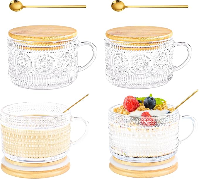 Glass Coffee Mugs with Lid 14 oz Clear Coffee Cups with Handle Spoon | Vintage by ICESIP