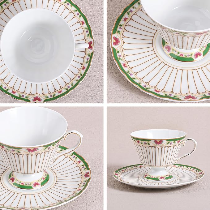 fanquare Nordic Style Tea Cup and Saucer, Classic Stripes Floral Teacup - Image 2