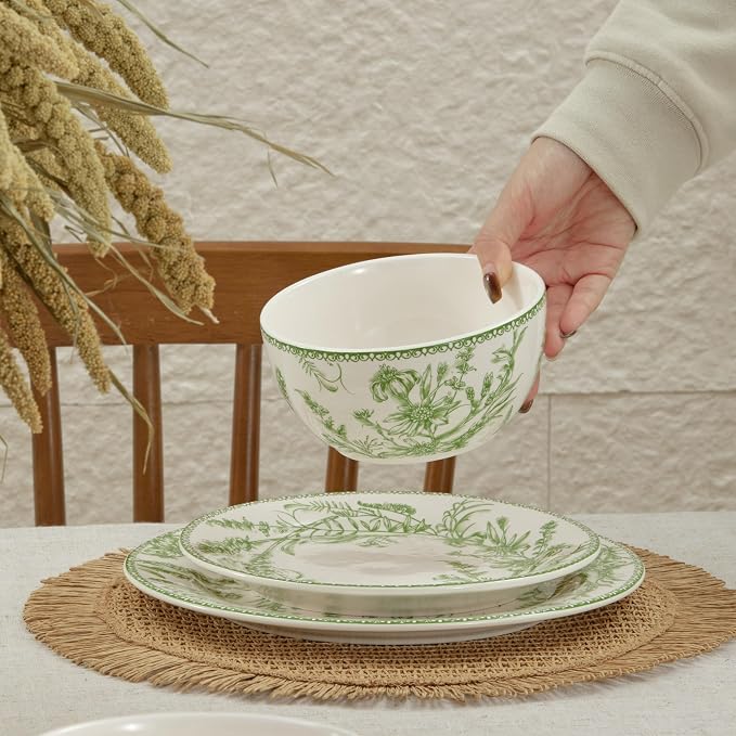 Bico Green Garden Toile De Jouy Cereal Bowls Set of 4, 26 oz Deep Ceramic Soup - Image 5