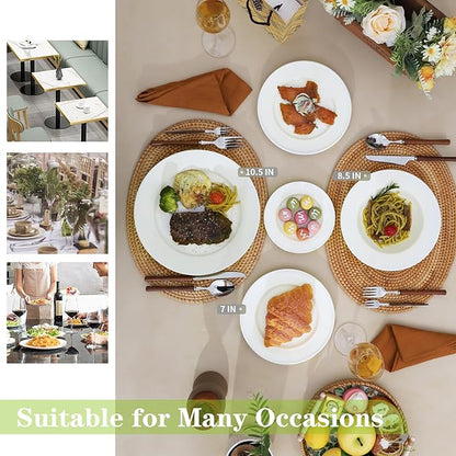 TAMAYKIM 10.5 Inch Porcelain Salad Dinner Plates 8 Pieces, Wide Rim Round Pasta Plates, Large Serving Dinnerware Sets, Scratch Resistant, Microwave, Oven, and Dishwasher Safe, White