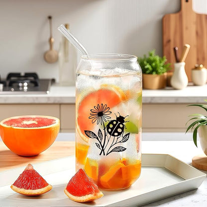 Cute Ladybugs Glass Cup With Lids And Straws, Ladybugs Gift For Women, Iced Coffee Cup, Iced, Coffee, Smoothie, Cocktail, Beer, Whiskey, Soda, Matcha,16 Oz, Home Office Table Desk Decoration!