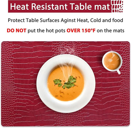 Jovono Faux Leather Placemats Set of 6, Waterproof Heat Resistant Dinner Place Mats for Dining Table, Non-Slip Crocodile Embossed, Red (17.8x11.8 Inch)