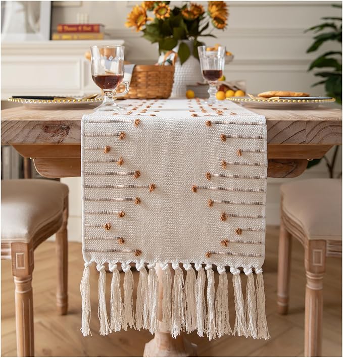 Boho Table Runner 13 x 72 Inch Long Natural Cotton Woven Runner by Caflife