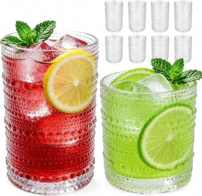 Hobnail Drinking Glasses Set of 8，Includes 12 oz beer glasses and 10 oz by Unknown