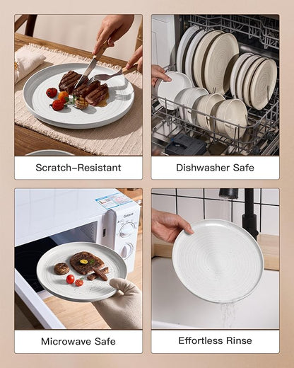 Plates and Bowls Sets for 6 (18-Piece) Stoneware Reactive Glaze Dinnerware with Speckles & Spirals, Chip and Scratch Resistant Flared Dishes Set with Gift Box, Microwave Dishwasher Safe, White