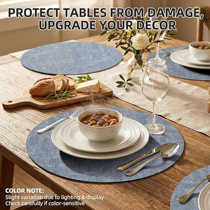 15 inch Faux Leather Round Placemats Set of 4 Non-Slip Washable Wipeable Table Mats, Heat Resistant Waterproof Oilproof Place Mats for Kitchen, Dining, Party, Indoor, Outdoor Blue