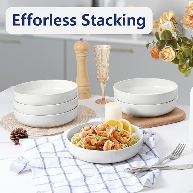 LIANYU Pasta Bowls Set of 4, 33oz Large Stoneware Salad Bowls, Wide and Shallow - Image 5