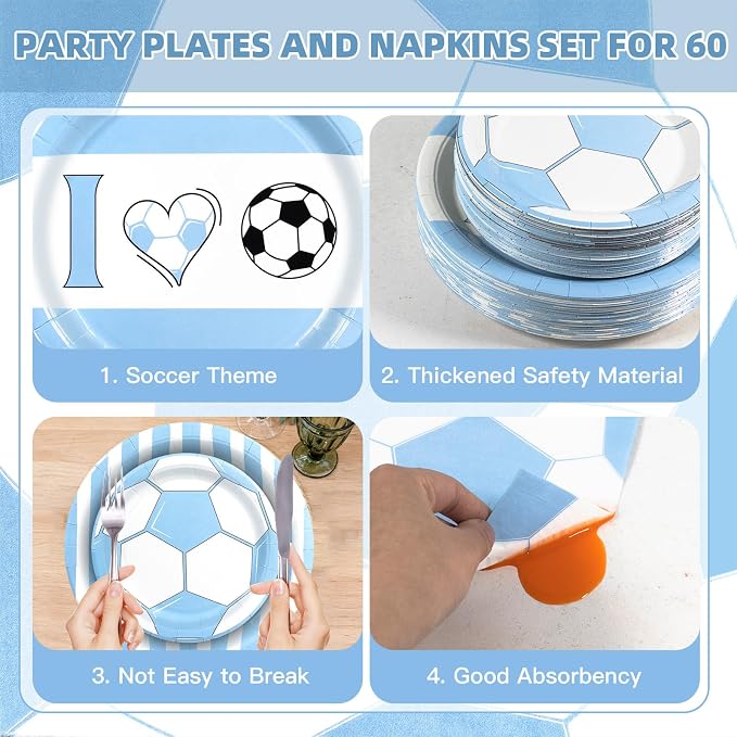 180Pcs Blue Soccer Party Supplies Paper Plates and Napkins Serve 60 | - Image 3