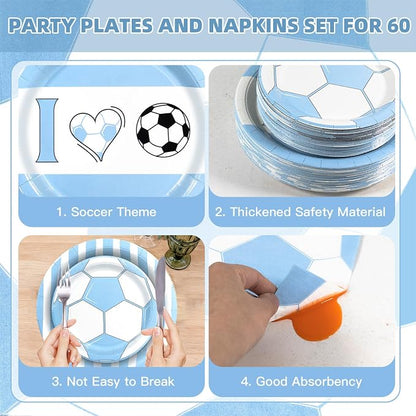 180Pcs Blue Soccer Party Supplies Paper Plates and Napkins Serve 60 | - Image 3