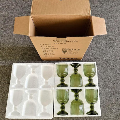 Green Drinking Glasses set of 6 Big Wine Goblets Vintage Colored Glassware 13 oz for Wedding Party Bar Vertical Line Embossed Pattern Stemmed Cups 400ml