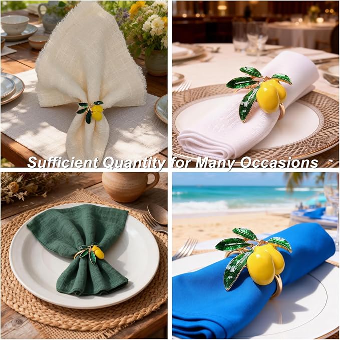 Lemon Napkin Rings Set of 12, Cheerful Gold Napkin Ring Tropical Fruit - Image 4