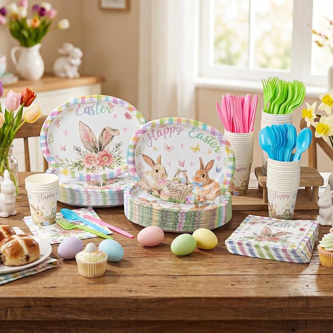350 Pcs Easter Plates Set Bunny Birthday Decorations - Image 2