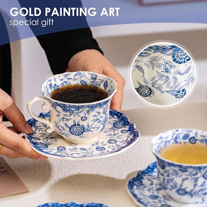 French style blue and white retro teacup and saucer set, 6.8 oz teacup and - Image 3