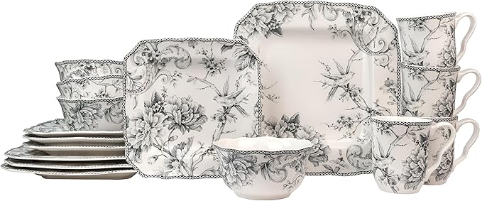 222 Fifth Adelaide Grey 16-Piece Floral Porcelain Dinnerware Set | Microwave by 222Fifth