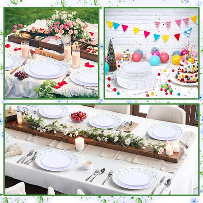 YOUBET 60PCS Blue and Green Floral Plastic Plates - Image 7