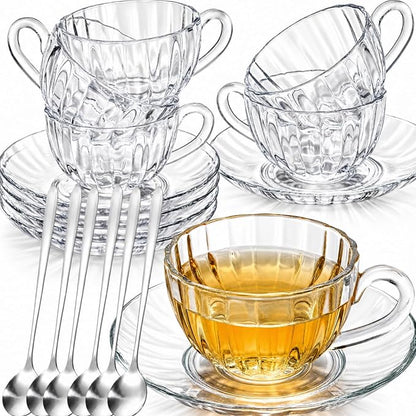 Noamus 6 Pack Glass Teacup and Saucer&Spoons Set, 5Oz/150ml Clear Coffee Mugs by Noamus