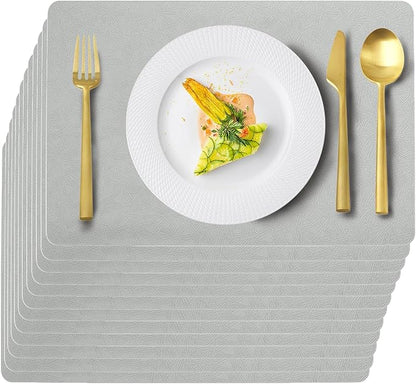 Vinyl Placemats Set of 12 Faux Leather 100% Waterproof Wipeable Washable Place Mats Heat Resistant Easy Clean Non-Slip Table Mats for Indoor Outdoor. (12, Light Gray)