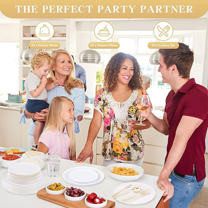 I00000 150PCS White and Gold Plastic Plates with Disposable Silverware for 30 Guests,Nice Disposable Plates,White Plastic Plates Set Include 30 Dinner Plate,30 Dessert Plate,90 Gold Cutlery for Party