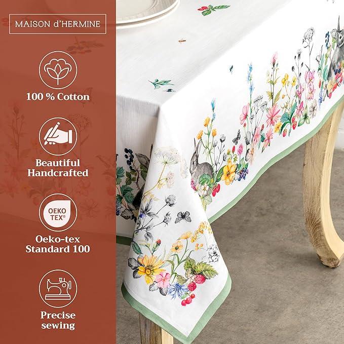 Maison d' Hermine Table Cloth Rectangle Table 100% Cotton 70 x 90 Inches Tablecloth Reusable Decorative for Dining Room Farmhouse Home Valentines Day Decorations Spring Summer - Printemps