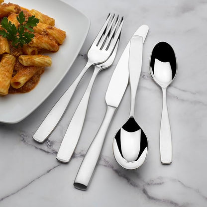 Mikasa Satin Loft 65-Piece Flatware Set for 12, 18/10 Stainless Steel Silverware with Forks, Knives, Spoons, and Serving Utensils, Durable and Elegant Design